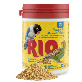 Витамини и минерали подходящи за вълнисти папагали и средни папагали RIO Vitamin and mineral pellets for budgies and parakeets - подпомага имунната система, подобрява зрението, състоянието на кожата и оперението